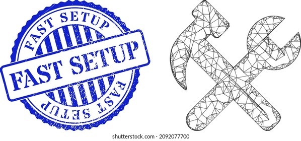 Vector crossing mesh hammer and wrench carcass, and Fast Setup blue round unclean seal print. Hatched carcass network illustration based on hammer and wrench icon, created from intersected lines.