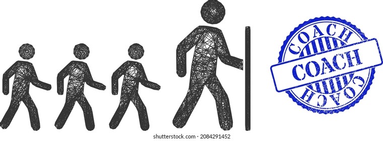 Vector crossing mesh hiking group leader frame, and Coach blue rosette dirty seal. Wire frame net illustration based on hiking group leader pictogram, is made from crossing lines.