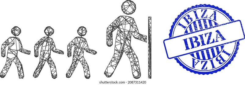 Vector crossing mesh hiking group leader carcass, and Ibiza blue rosette scratched watermark. Crossed carcass network image based on hiking group leader icon, made with crossed lines.