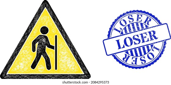 Vector cruzando malla senderismo hombre canal de peligro, y Loser azul rosette sucia de imitación de sello. Imagen de red de canal cruzada basada en pictograma de peligro masculino de excursión, hecho con líneas cruzadas.
