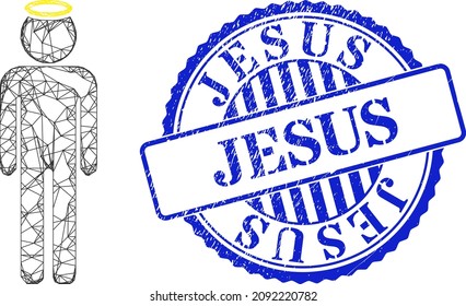 Vector crossing mesh holy man figure carcass, and Jesus blue round scratched stamp seal. Wire frame net symbol created from holy man figure icon, created from crossing lines.