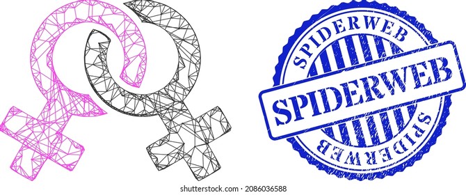 El vector cruza la malla de la canal de símbolo lesbiana y la marca de foca sucia redonda azul Spiderweb. Imagen de red de canal por cable diseñada con icono de símbolo lesbiana, creada con líneas de cruce.