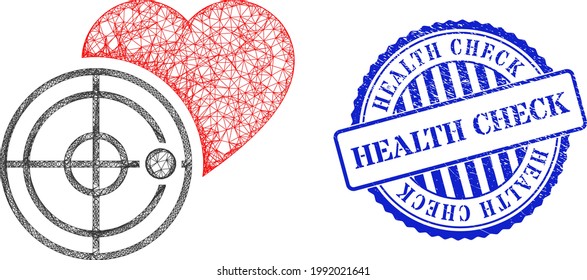 Vector crossing mesh love heart radar wireframe, and Health Check blue rosette textured badge. Wire carcass net image created from love heart radar icon, created from crossing lines.