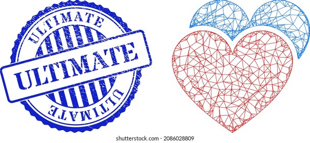 Vector crossing mesh love hearts framework, and Ultimate blue round unclean stamp seal. Crossed frame network image designed with love hearts pictogram, is created from crossed lines.