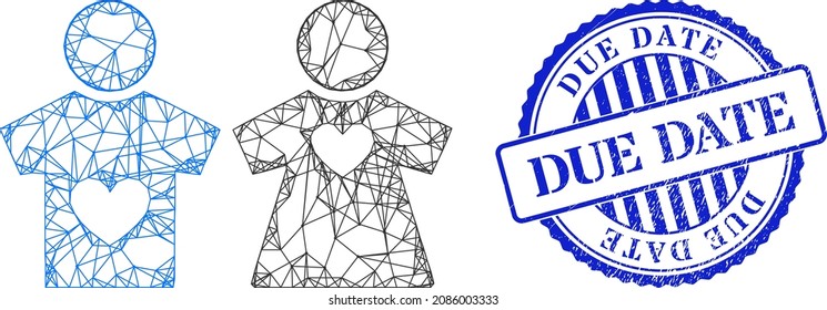Vector crossing mesh lovers pair carcass, and Due Date blue round corroded seal imitation. Hatched carcass network illustration designed with lovers pair pictogram, generated with crossing lines.