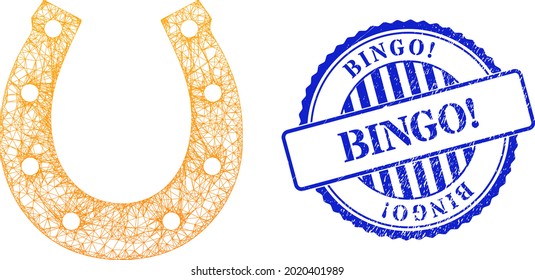 Vector crossing mesh lucky horseshoe carcass, and Bingo Exclamation blue rosette grunge stamp. Linear carcass network image designed with lucky horseshoe icon, is created with crossing lines.