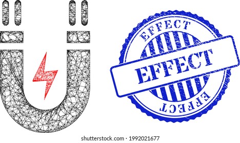 Vector crossing mesh magnetic power carcass, and Effect blue rosette dirty seal. Hatched carcass net symbol designed with magnetic power pictogram, is generated with crossed lines.