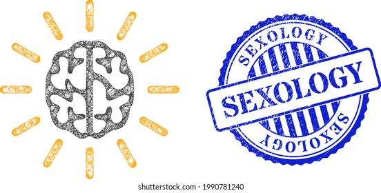 Vector crossing mesh mind light frame, and Sexology blue rosette grunge watermark. Linear frame network illustration created from mind light pictogram, made from crossing lines.