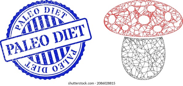 Vector crossing mesh mushroom frame, and Paleo Diet blue round textured stamp seal. Crossed frame net illustration created from mushroom pictogram, generated from intersected lines.