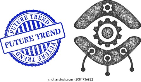 Vector crossing mesh nanobot frame, and Future Trend blue rosette corroded seal. Crossed frame net illustration created from nanobot pictogram, is made from crossing lines.