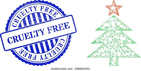 Vector crossing mesh new year tree wireframe, and Cruelty Free blue round grunge seal. Linear carcass network symbol created from new year tree pictogram, is made from crossing lines.