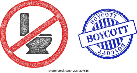 Vector crossing mesh no toilet seat framework, and Boycott blue rosette rubber seal print. Linear carcass net image created from no toilet seat icon, generated from crossing lines.