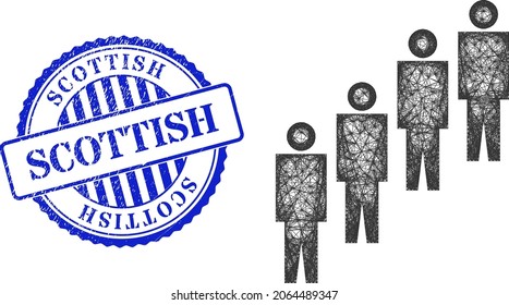 Vector crossing mesh people queue frame, and Scottish blue rosette scratched stamp seal. Hatched frame network symbol created from people queue icon, is generated with crossed lines.