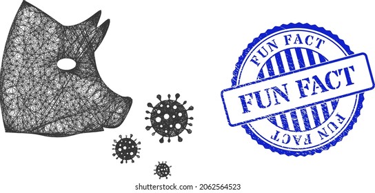 Vector crossing mesh pork flu infection frame, and Fun Fact blue rosette unclean badge. Linear frame network image created from pork flu infection icon, is created with crossing lines.