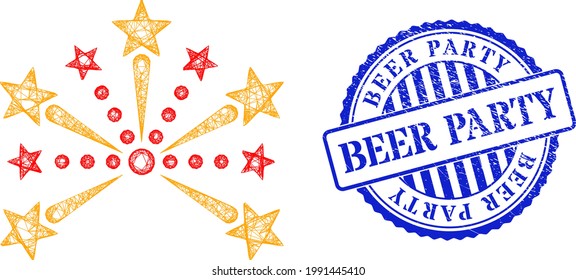 Vector crossing mesh pyrotechnic salute framework, and Beer Party blue rosette unclean seal. Crossed carcass net illustration created from pyrotechnic salute pictogram, created from crossing lines.