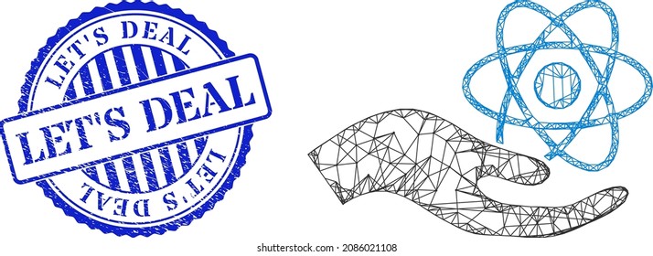 Vector crossing mesh quantum service hand carcass, and Let'S Deal blue round rubber seal imitation. Linear carcass net symbol created from quantum service hand icon, is made from crossing lines.