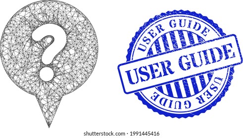 Vector crossing mesh question banner carcass, and User Guide blue rosette rubber seal imitation. Linear carcass net illustration created from question banner icon, created from crossed lines.