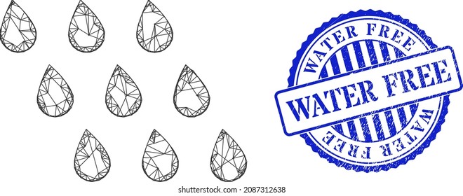 Vector crossing mesh rain drops carcass, and Water Free blue rosette rubber stamp. Linear frame net image designed with rain drops icon, made with crossing lines.