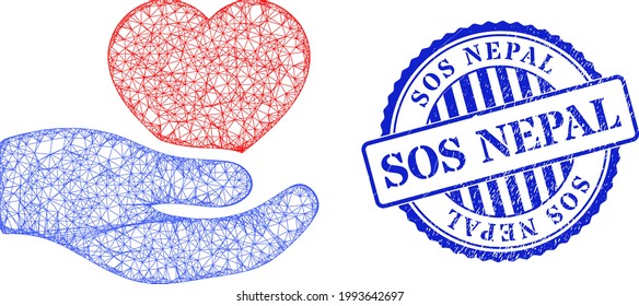 Vector crossing mesh romantic heart offer hand carcass, and Sos Nepal blue rosette unclean stamp seal. Wire carcass network illustration designed with romantic heart offer hand icon,