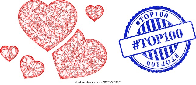 Vector crossing mesh romantic hearts carcass, and hashtag Top100 blue rosette grunge stamp seal. Hatched carcass network image designed with romantic hearts pictogram, is made with crossing lines.