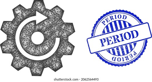 Vector crossing mesh rotate gear frame, and Period blue rosette unclean seal. Wire frame net symbol designed with rotate gear icon, is created with intersected lines.