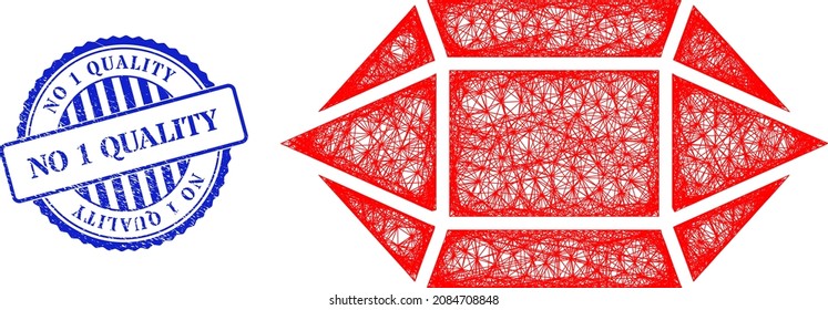 Vector crossing mesh ruby crystal model, and No 1 Quality blue rosette textured seal imitation. Crossed carcass network image created from ruby crystal pictogram, is generated from crossed lines.