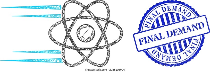 Vector Crossing Mesh Rush Atom Carcass, And Final Demand Blue Round Grunge Seal. Wire Carcass Net Image Created From Rush Atom Icon, Is Made With Crossing Lines.