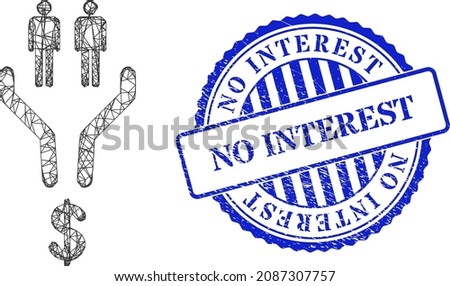 Vector crossing mesh sales funnel frame, and No Interest blue rosette unclean stamp seal. Linear carcass network illustration created from sales funnel pictogram, is created from intersected lines.