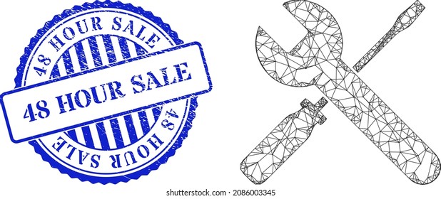 Vector crossing mesh screwdrivers and wrench carcass, and 48 Hour Sale blue round textured seal print. Linear carcass network symbol created from screwdrivers and wrench pictogram,