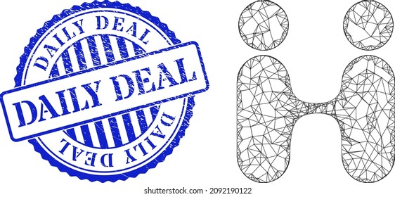 Vector que cruza la malla de los gemelos siam personas carcass, y la placa texturizada redonda de color azul Daily Deal. Ilustración de red de marco cruzado diseñada con pictograma de personas gemelas siam, se crea con líneas cruzadas.