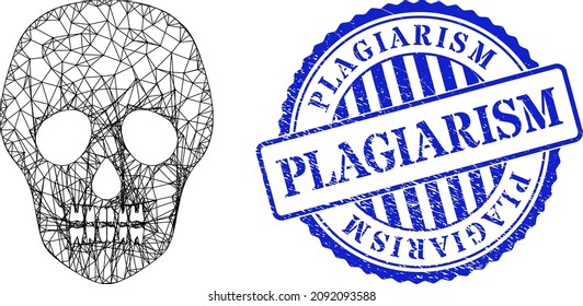 Vector crossing mesh skull carcass, and Plagiarism blue round unclean badge. Crossed carcass network illustration created from skull icon, made from crossed lines.