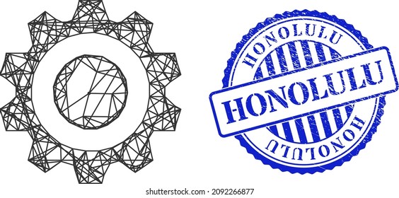 Vector crossing mesh smart cog framework, and Honolulu blue rosette unclean seal. Crossed frame net symbol created from smart cog icon, is made from crossed lines.