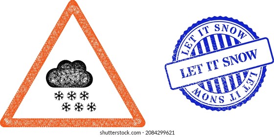 Vector crossing mesh snow weather warning model, and Let It Snow blue rosette rubber stamp seal. Hatched frame network illustration designed with snow weather warning pictogram,