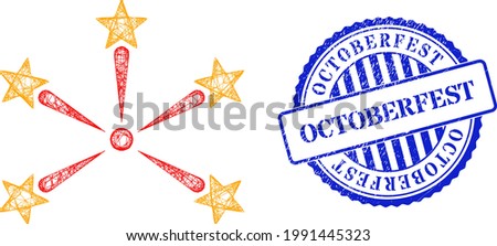 Vector crossing mesh star fireworks carcass, and Octoberfest blue rosette textured seal. Linear carcass network symbol designed with star fireworks icon, created with crossed lines.