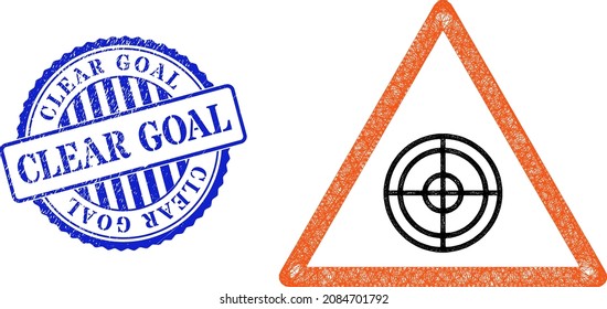 Vector crossing mesh target warning framework, and Clear Goal blue rosette grunge stamp seal. Crossed frame network illustration designed with target warning pictogram,