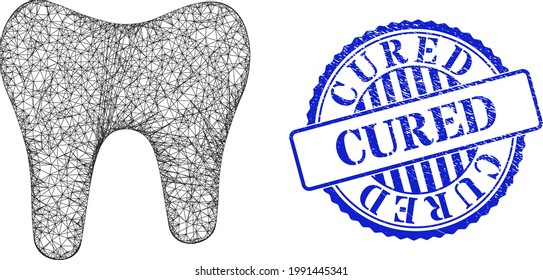 Vector crossing mesh tooth carcass, and Cured blue rosette textured stamp. Linear frame net symbol designed with tooth pictogram, is made with crossed lines.