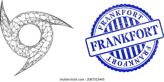 Vector crossing mesh tornado carcass, and Frankfort blue rosette corroded seal. Linear frame network symbol created from tornado icon, created from crossing lines.