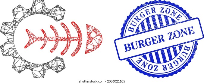 Vector crossing mesh toxic industry model, and Burger Zone blue round scratched watermark. Hatched carcass network illustration created from toxic industry icon, is generated from crossing lines.