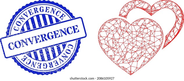 Vector crossing mesh valentine hearts frame, and Convergence blue round textured seal print. Hatched frame network symbol created from valentine hearts icon, created from intersected lines.