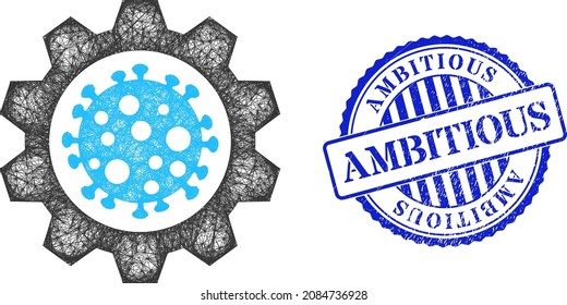 Vector crossing mesh virus gear frame, and Ambitious blue rosette grunge seal imitation. Hatched frame net symbol created from virus gear icon, is created from crossing lines.