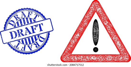Vector crossing mesh warning sign framework, and Draft blue rosette scratched stamp seal. Crossed frame net illustration based on warning sign pictogram, is generated with crossed lines.