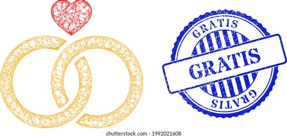 Vector crossing mesh wedding rings carcass, and Gratis blue rosette grunge seal. Hatched carcass network symbol created from wedding rings icon, is created with crossing lines.