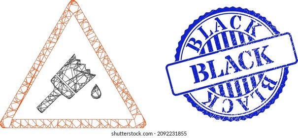 Vector crossing mesh wet painting warning framework, and Black blue rosette rubber seal imitation. Crossed frame network symbol created from wet painting warning pictogram,