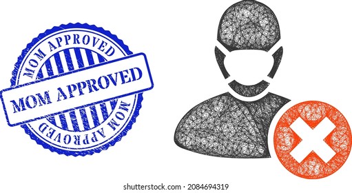 Vector crossing mesh wrong masked man model, and Mom Approved blue rosette rubber seal. Linear carcass network illustration created from wrong masked man pictogram, is generated from crossing lines.