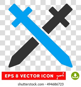 Vector Crossing Swords EPS vector pictogram. Illustration style is flat iconic bicolor blue and gray symbol on a transparent background.