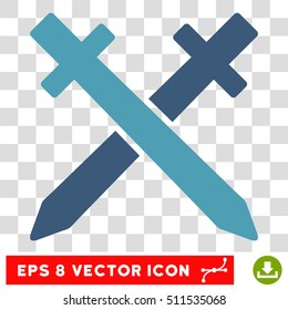 Vector Crossing Swords EPS vector pictogram. Illustration style is flat iconic bicolor cyan and blue symbol on a transparent background.