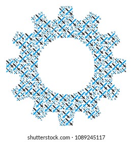 Vector crossing swords icons are combined into gearwheel illustration. Development design concept constructed of crossing swords elements.