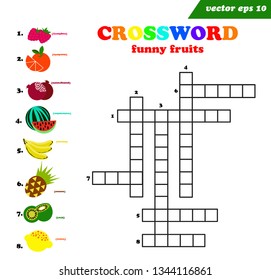 Vector crossword with flat style bright fruits. Preschool game for children. Printable file. Educational programm. English alphabet, words and letters.