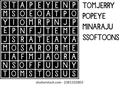 Vector crossword,  game for children about the names of cartoons show. Word search puzzle

