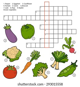 Vector crossword, game for children about vegetables (eggplant, pepper, tomato, carrot, radish, peas, broccoli, tomato, cauliflower, leek)